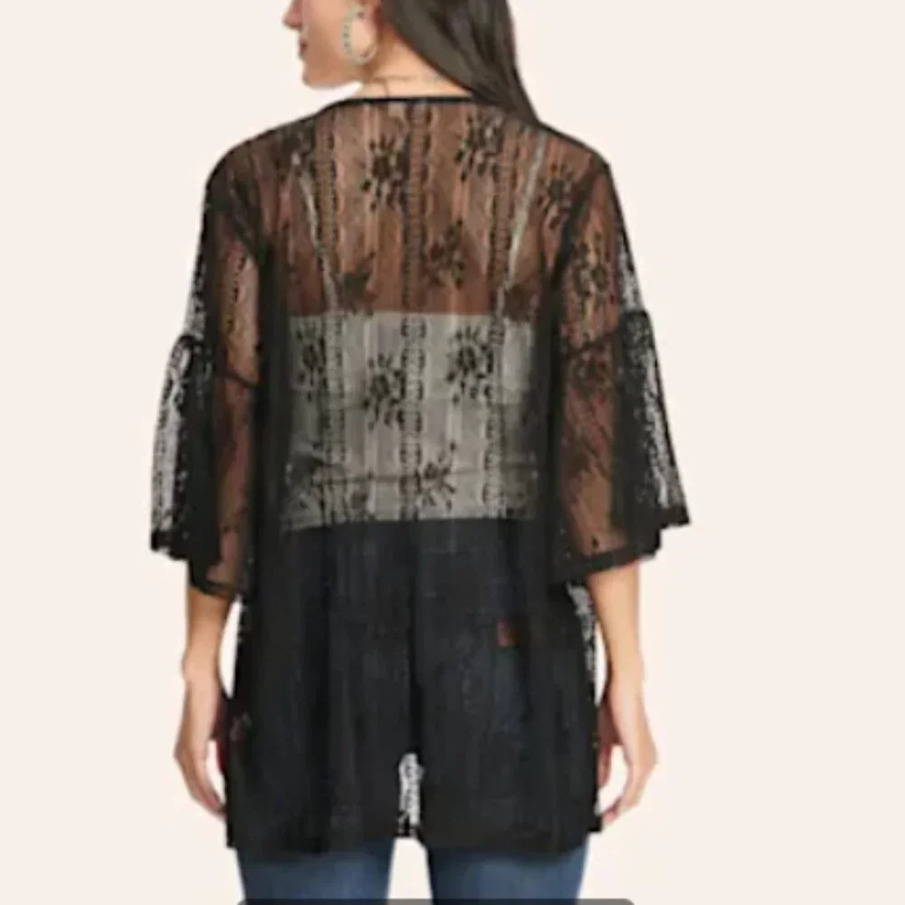 Cavenders NWT black lace open front kimono topper boho rodeo size M - Picture 2 of 6